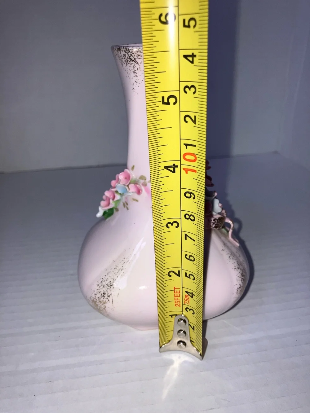 Vintage 1950’s Lefton China Pink 3D Floral Ceramic Bud Vase with Gold Accents 6”